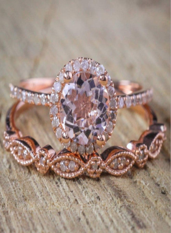 LRGKMCWTOB Fashion Elegant Women 18K Rose Gold Filled Morganite Pink Gemstone Ring Bridal Anniversary Ring Set Size 6-10 (Size 6) - Image 3